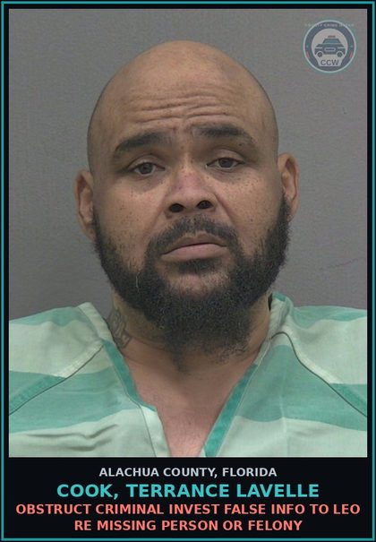 CCW arrest card for COOK, TERRANCE LAVELLE in Alachua County: FAMILY OFFENSE INTERFERE W CUSTODY OF MINOR/INCOMP PERSON