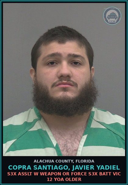 CCW arrest card for COPRA SANTIAGO, JAVIER YADIEL in Alachua County: EXTORT EXTORT OR THREATEN ANOTEHR PERSON