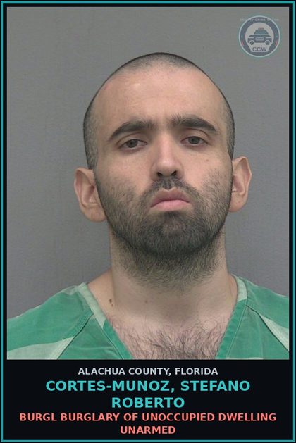 CCW arrest card for CORTES-MUNOZ, STEFANO ROBERTO in Alachua County: BURGL BURGLARY OF UNOCCUPIED DWELLING UNARMED