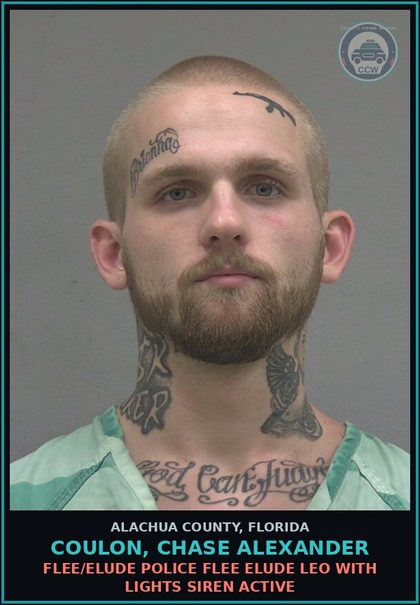 CCW arrest card for COULON, CHASE ALEXANDER in Alachua County: FLEE/ELUDE POLICE FLEE ELUDE LEO WITH LIGHTS SIREN ACTIVE