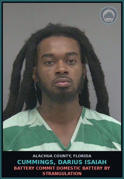 CCW arrest card for CUMMINGS, DARIUS ISAIAH in Alachua County: PASS COUNTERFEITED PASS CTFT BANK BILL/NOTE/CHECK/DRAFT