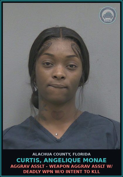 CCW arrest card for CURTIS, ANGELIQUE MONAE in Alachua County: AGGRAV ASSLT - WEAPON AGGRAV ASSLT W/ DEADLY WPN W/O INTENT TO KILL