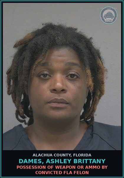 CCW arrest card for DAMES, ASHLEY BRITTANY in Alachua County: POSSESSION OF WEAPON OR AMMO BY CONVICTED FLA FELON