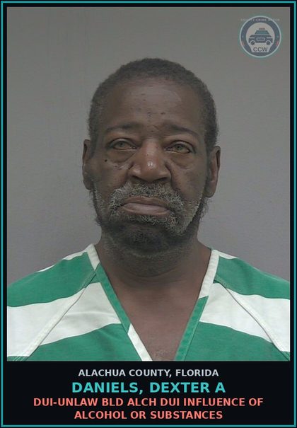 CCW arrest card for DANIELS, DEXTER A in Alachua County: DUI-UNLAW BLD ALCH DUI INFLUENCE OF ALCOHOL OR DRUGS