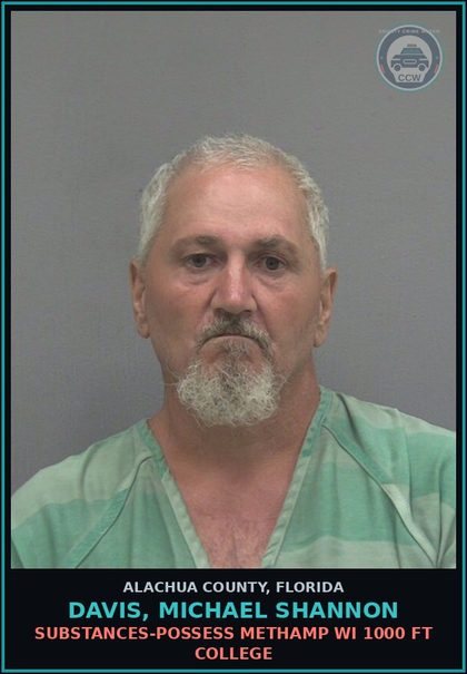 CCW arrest card for DAVIS, MICHAEL SHANNON in Alachua County: DRUGS-POSSESS Methamp WI 1000 FT COLLEGE