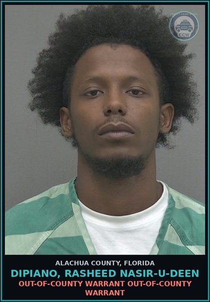 CCW arrest card for DIPIANO, RASHEED NASIR-U-DEEN in Alachua County: OUT-OF-COUNTY WARRANT OUT-OF-COUNTY WARRANT
