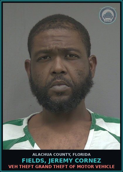 CCW arrest card for FIELDS, JEREMY CORNEZ in Alachua County: VEH THEFT GRAND THEFT OF MOTOR VEHICLE
