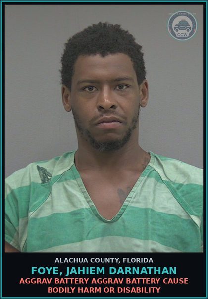 CCW arrest card for FOYE, JAHIEM DARNATHAN in Alachua County: AGGRAV BATTERY AGGRAV BATTERY CAUSE BODILY HARM OR DISABILITY