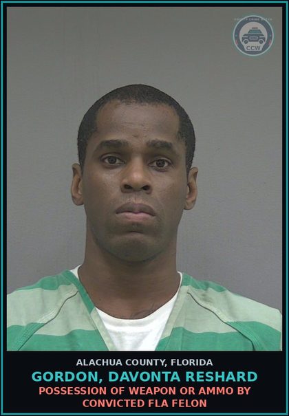 CCW arrest card for GORDON, DAVONTA RESHARD in Alachua County: DRUG EQUIP-POSSESS AND OR USE