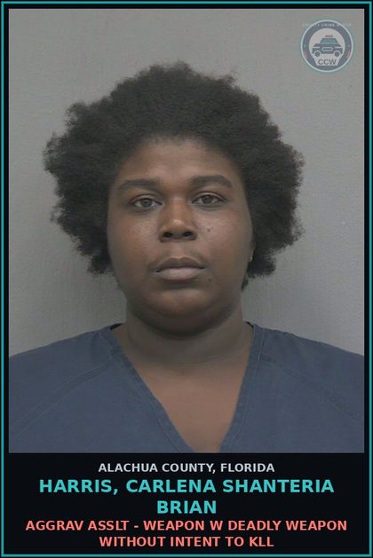 CCW arrest card for HARRIS, CARLENA SHANTERIA BRIAN in Alachua County: AGGRAV ASSLT - WEAPON W DEADLY WEAPON WITHOUT INTENT TO KILL