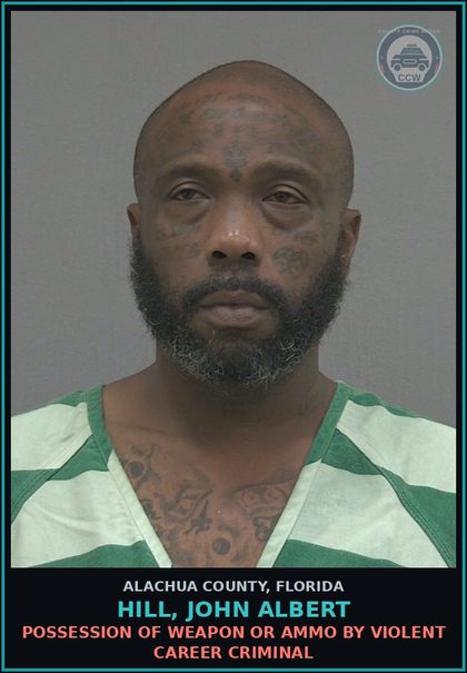 CCW arrest card for HILL, JOHN ALBERT in Alachua County: DRUG EQUIP-POSSESS AND OR USE