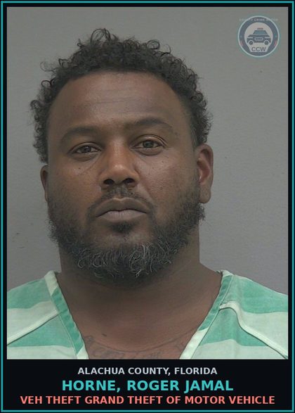 CCW arrest card for HORNE, ROGER JAMAL in Alachua County: VEH THEFT GRAND THEFT OF MOTOR VEHICLE