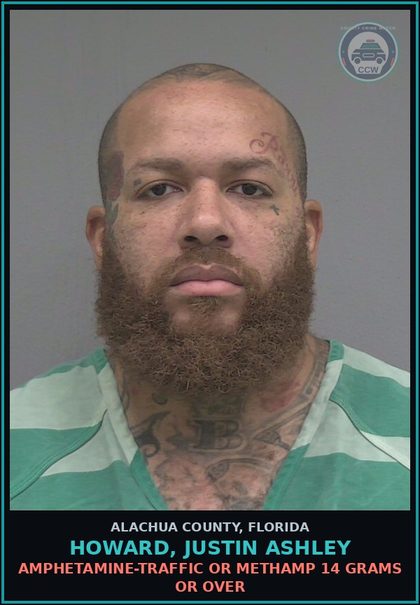 CCW arrest card for HOWARD, JUSTIN ASHLEY in Alachua County: AMPHETAMINE-TRAFFIC OR Methamp 14 GRAMS OR OVER