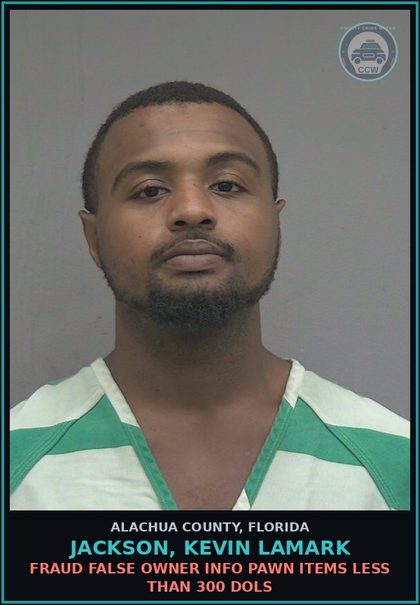 CCW arrest card for JACKSON, KEVIN LAMARK in Alachua County: LARC PETIT THEFT MERCH/FARM/TRANSIT $100-$750