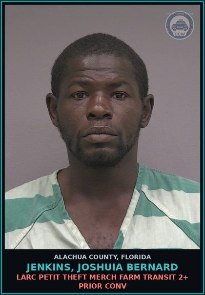 CCW arrest card for JENKINS, JOSHUIA BERNARD in Alachua County, Florida: LARC PETIT THEFT MERCH FARM TRANSIT 2+ PRIOR CONV