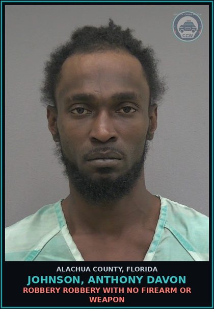 CCW arrest card for JOHNSON, ANTHONY DAVON in Alachua County: ROBBERY ROBBERY WITH NO FIREARM OR WEAPON