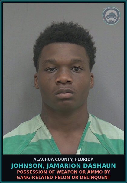 CCW arrest card for JOHNSON, JAMARION DASHAUN in Alachua County: POSSESSION OF WEAPON OR AMMO BY GANG-RELATED FELON OR DELINQUENT