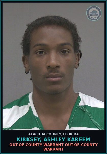 CCW arrest card for KIRKSEY, ASHLEY KAREEM in Alachua County, Florida: OUT-OF-COUNTY WARRANT OUT-OF-COUNTY WARRANT
