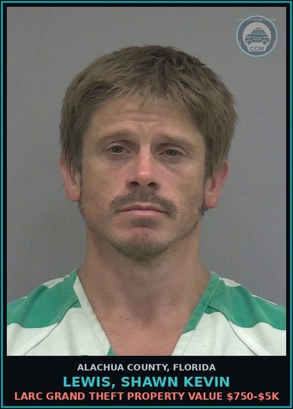 CCW arrest card for LEWIS, SHAWN KEVIN in Alachua County: LARC GRAND THEFT PROPERTY VALUE $750-$5K