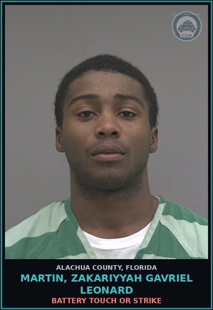 CCW arrest card for MARTIN, ZAKARIYYAH GAVRIEL LEONARD in Alachua County: BATTERY TOUCH OR STRIKE