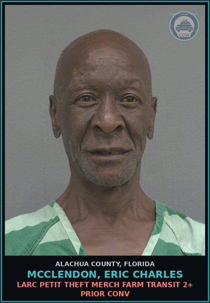 CCW arrest card for MCCLENDON, ERIC CHARLES in Alachua County: LARC PETIT THEFT MERCH FARM TRANSIT 2+ PRIOR CONV