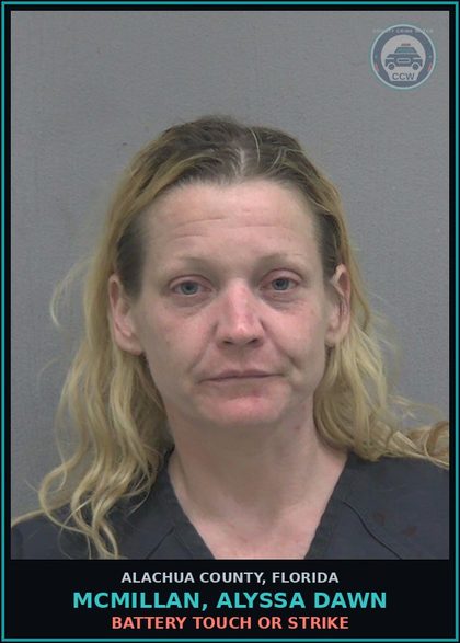 CCW arrest card for MCMILLAN, ALYSSA DAWN in Alachua County: SIMPLE ASSLT INTENT THREAT TO DO VIOLENCE