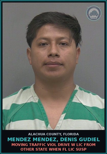 CCW arrest card for MENDEZ MENDEZ, DENIS GUDIEL in Alachua County: MOVING TRAFFIC VIOL DRIVE W LIC FROM OTHER STATE WHEN FL LIC SUSP