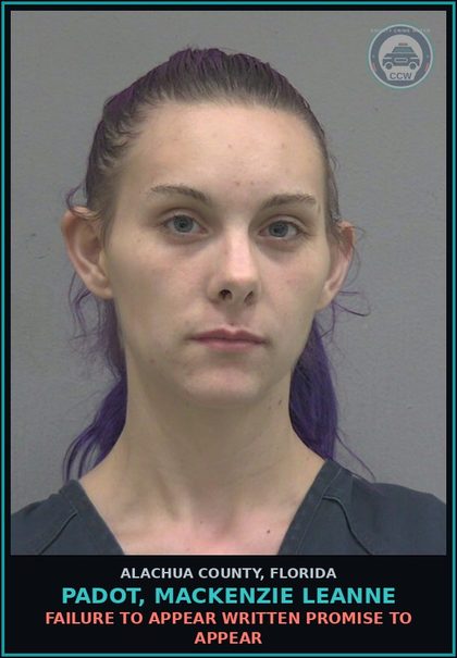 CCW arrest card for PADOT, MACKENZIE LEANNE in Alachua County: FAILURE TO APPEAR WRITTEN PROMISE TO APPEAR