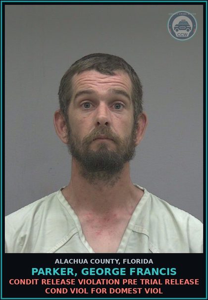 CCW arrest card for PARKER, GEORGE FRANCIS in Alachua County: CONDIT RELEASE VIOLATION PRE TRIAL RELEASE COND VIOL FOR DOMEST VIOL
