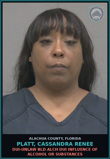 CCW arrest card for PLATT, CASSANDRA RENEE in Alachua County: DUI-UNLAW BLD ALCH DUI INFLUENCE OF ALCOHOL OR DRUGS