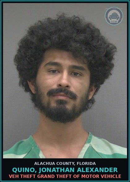 CCW arrest card for QUINO, JONATHAN ALEXANDER in Alachua County: VEH THEFT GRAND THEFT OF MOTOR VEHICLE