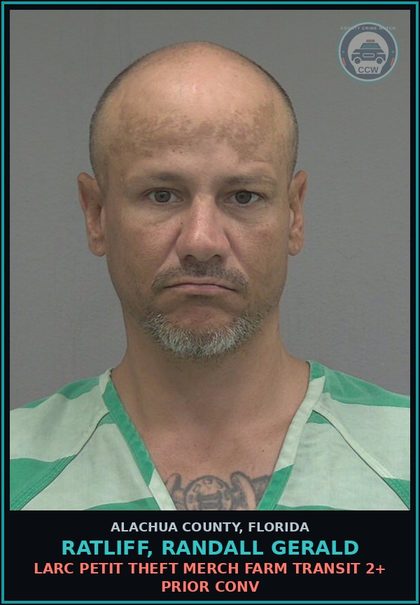 CCW arrest card for RATLIFF, RANDALL GERALD in Alachua County: TRESPASSING TRESPASS FAIL TO LEAVE PROP ON ORDER OF OWNER
