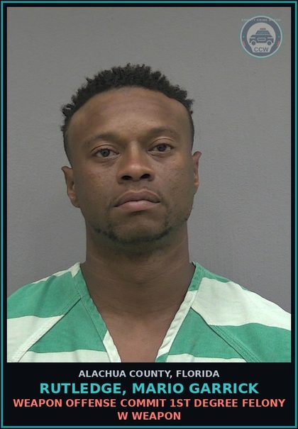 CCW arrest card for RUTLEDGE, MARIO GARRICK in Alachua County: DRUGS-POSSESS POSSESS contr substance W/O PRESCRIPTION
