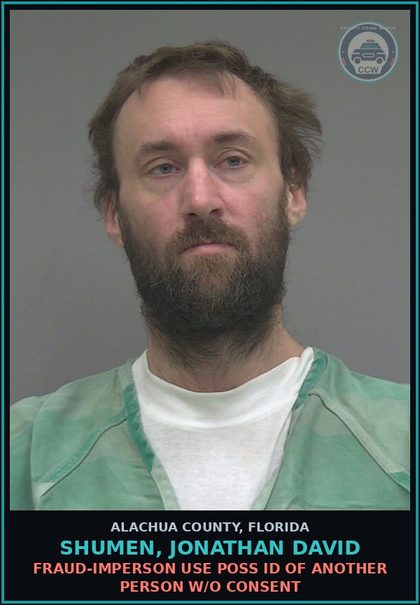 CCW arrest card for SHUMEN, JONATHAN DAVID in Alachua County: PROB VIOLATION