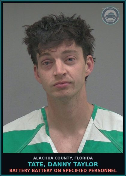 CCW arrest card for TATE, DANNY TAYLOR in Alachua County: DISORDERLY INTOX DISORDER INTOX PUBLIC PLACE CAUSE DISTURBANCE