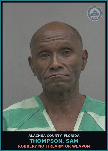 CCW arrest card for THOMPSON, SAM in Alachua County: OBSTRUCTING JUSTICE HINDER WITN COMMUN INFO TO LEO/JUDGE MISD PROC