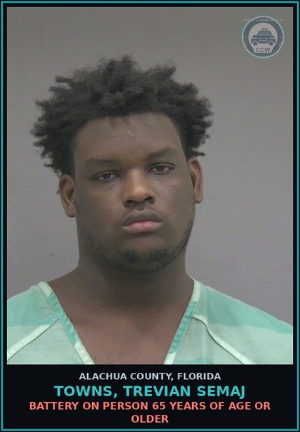 CCW arrest card for TOWNS, TREVIAN SEMAJ in Alachua County: BATTERY ON PERSON 65 YEARS OF AGE OR OLDER