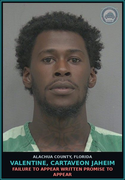 CCW arrest card for VALENTINE, CARTAVEON JAHEIM in Alachua County: FAILURE TO APPEAR WRITTEN PROMISE TO APPEAR