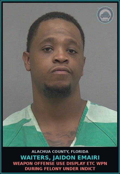 CCW arrest card for WAITERS, JAIDON EMAIRI in Alachua County: Canna-POSSESS NOT MORE THAN 20 GRAMS