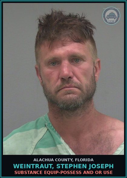 CCW arrest card for WEINTRAUT, STEPHEN JOSEPH in Alachua County: DRUG EQUIP-POSSESS AND OR USE