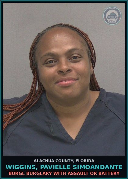 CCW arrest card for WIGGINS, PAVIELLE SIMOANDANTE in Alachua County: BURGL BURGLARY WITH ASSAULT OR BATTERY