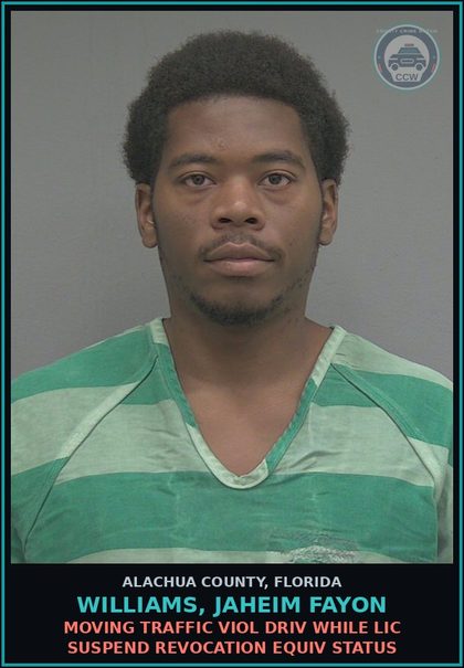 CCW arrest card for WILLIAMS, JAHEIM FAYON in Alachua County: MOVING TRAFFIC VIOL DRIV WHILE LIC SUSPEND REVOCATION EQUIV STATUS