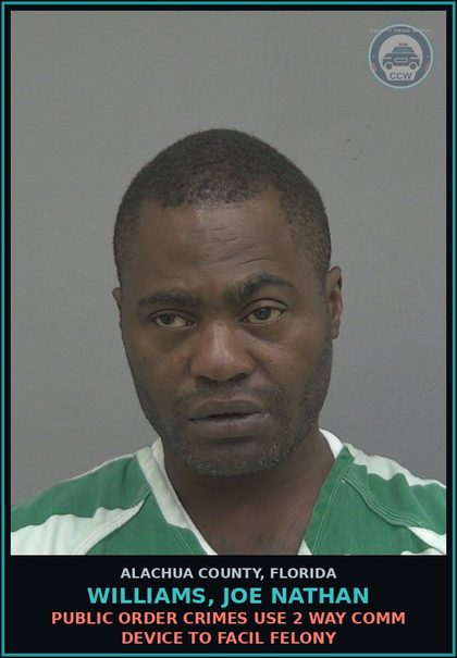 CCW arrest card for WILLIAMS, JOE NATHAN in Alachua County: DRUGS-SELL SELL contr substance SCHEDULE II