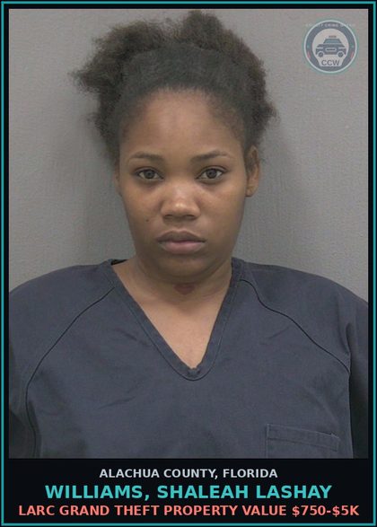 CCW arrest card for WILLIAMS, SHALEAH LASHAY in Alachua County: LARC GRAND THEFT PROPERTY VALUE $750-$5K