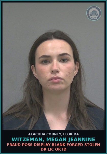 CCW arrest card for WITZEMAN, MEGAN JEANNINE in Alachua County: FRAUD POSS DISPLAY BLANK FORGED STOLEN DR LIC OR ID