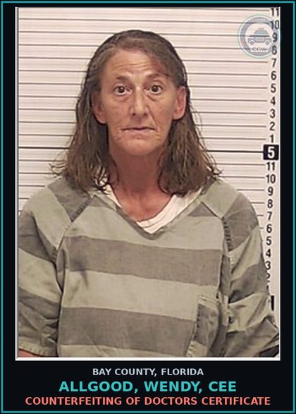CCW arrest card for ALLGOOD, WENDY, CEE in Bay County: COUNTERFEITING OF DOCTORS CERTIFICATE