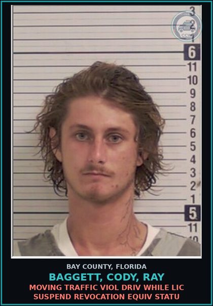 CCW arrest card for BAGGETT, CODY, RAY in Bay County: MOVING TRAFFIC VIOL DRIV WHILE LIC SUSPEND REVOCATION EQUIV STATU