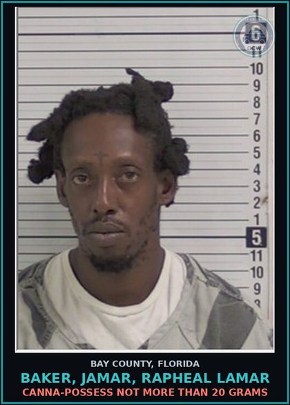 CCW arrest card for BAKER, JAMAR, RAPHEAL LAMAR in Bay County: Canna-POSSESS NOT MORE THAN 20 GRAMS