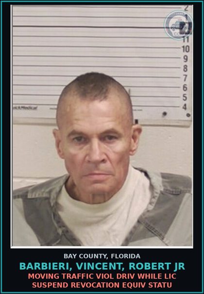CCW arrest card for BARBIERI, VINCENT, ROBERT JR in Bay County: MOVING TRAFFIC VIOL DRIV WHILE LIC SUSPEND REVOCATION EQUIV STATU