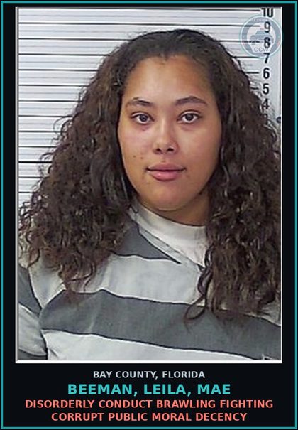 CCW arrest card for BEEMAN, LEILA, MAE in Bay County: DISORDERLY CONDUCT BRAWLING FIGHTING CORRUPT PUBLIC MORAL DECENCY